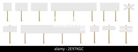 Affiches et bannières avec tableaux vierges. Bâtons en bois avec illustrations vectorielles de signes blancs. Poteaux de direction de rue rétro isolés sur fond blanc Illustration de Vecteur