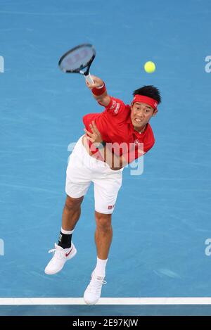 3 février 2021 : Kei Nishikori du Japon en action pendant le match de la coupe ATP du Groupe D contre Daniil Medvedev de Russie à la John Cain Arena de Melbourne, en Australie. Medvedev a gagné 62 64. Sydney Low/Cal Sport Media. Banque D'Images