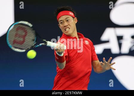 3 février 2021 : Kei Nishikori du Japon en action pendant le match de la coupe ATP du Groupe D contre Daniil Medvedev de Russie à la John Cain Arena de Melbourne, en Australie. Medvedev a gagné 62 64. Sydney Low/Cal Sport Media. Banque D'Images