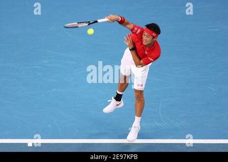 3 février 2021 : Kei Nishikori du Japon en action pendant le match de la coupe ATP du Groupe D contre Daniil Medvedev de Russie à la John Cain Arena de Melbourne, en Australie. Medvedev a gagné 62 64. Sydney Low/Cal Sport Media. Banque D'Images