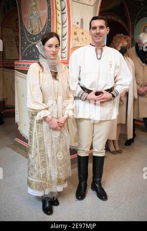 Le prince Nicolas et la princesse Alina de Roumanie assistent à la cérémonie royale de baptême de la princesse Maria Alexandra de Roumanie, présidée par son Éminence Calinic, archevêque d'Arles et muscle au monastère de Curtea de Arges, le juanaire 23, 2021 à Curtea de Arges, Roumanie. Les parrains sont le prince Mihai et sa femme la princesse Emanuela de Ghyka. Photo de David Niviere/ABACAPRESS.COM Banque D'Images