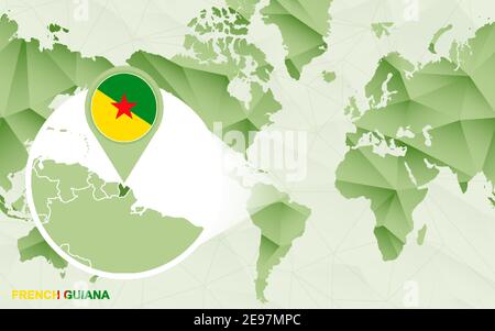 Carte du monde centrée sur l'Amérique avec carte agrandie de la Guyane française. Carte du monde polygonale verte. Illustration de Vecteur