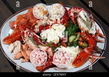 Assiette de fruits de mer écossais avec homard, crevettes, saumon fumé et poché, langoustines et crabe sur un lit de salade Banque D'Images