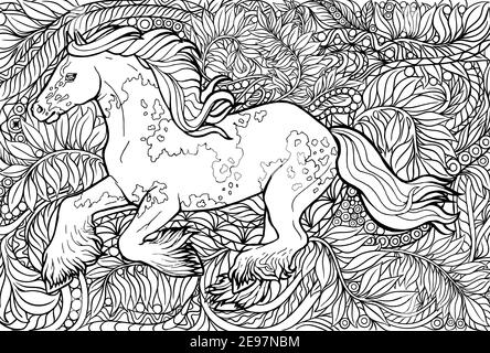 Cheval et fleurs. Animal magique. Illustration vectorielle. Noir et blanc, monochrome. Pages de livres de coloriage pour adultes et enfants. Illustration de Zentangle. Boho, Illustration de Vecteur