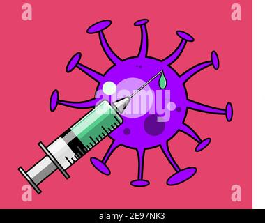 Seringue jetable médicale remplie de vaccin et de caricature de cellules virales illustration vectorielle isolée de style Illustration de Vecteur