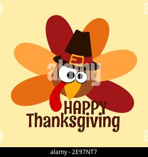 Bonne journée de Thanksgiving. Drôle personnage de dessin animé dinde oiseau dans Pilgrim chapeau fond papier peint carte. Illustration vectorielle Illustration de Vecteur