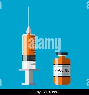 Seringue jetable médicale remplie de vaccin à côté d'un flacon en verre illustration du vecteur isolé du vaccin Illustration de Vecteur