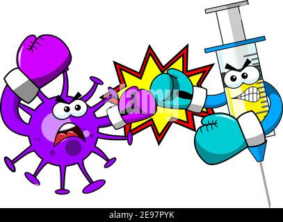 Personnages de dessins animés de virus et de seringues ou mascottes luttant ou luttant comme boxeurs avec des gants illustration vectorielle isolée. Concept Illustration de Vecteur