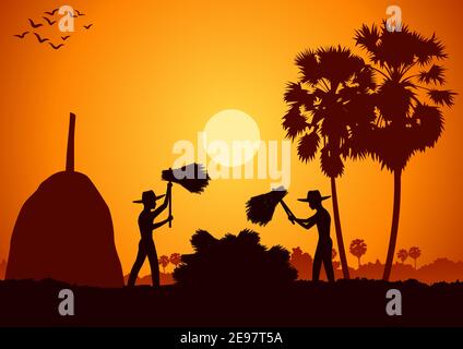 Pays vie de l'Asie l'homme récolte le riz par le riz frappé sheaf au lever du soleil, style silhouette, illustration vectorielle Illustration de Vecteur