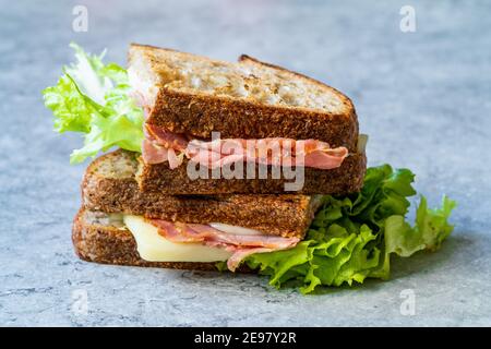 Sandwich au bœuf rôti demi-coupé avec pain Sourdough grillé et fromage mozzarella. Prêt à servir et à manger. Banque D'Images