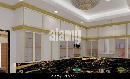 3d Render Illustration cuisine classique. Cuisine classique blanche, noire et dorée. Banque D'Images