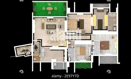 3d Render Illustration plan d'étage de style classique. Combinaisons classiques de thème blanc, noir et or. Banque D'Images