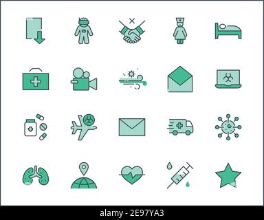 Ensemble d'icônes de la ligne vectorielle de protection contre les coronavirus. Contient des icônes telles que l'ambulance, le nouveau coronavirus, les mesures de protection, les symptômes, la période d'incubation Illustration de Vecteur