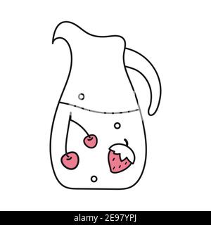 Cocktail Sangria icône bocal, décoré avec des fruits roses de cerise, fraise. Arrière-plan blanc Illustration de Vecteur