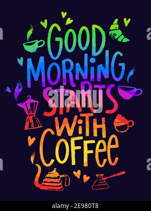 Affiche à café avec lettrage frais, carte, motif calligraphie. Illustration de Vecteur