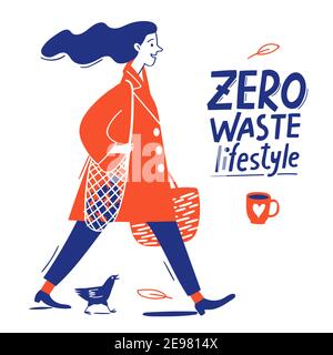 Conception de vecteur de motivation de style de vie écologique avec aucun texte de gaspillage et femme Illustration de Vecteur