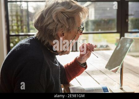 Test à domicile du coronavirus effectué par une femme plus âgée accueil Banque D'Images