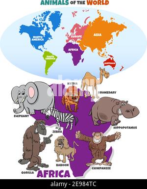 Illustration de dessin animé éducatif des animaux africains drôles et de la carte du monde avec des formes de continents Illustration de Vecteur