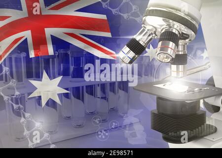 Australie développement scientifique fond numérique - microscope sur drapeau. Recherche du concept de conception génétique, illustration 3D de l'objet Banque D'Images