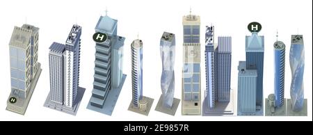 Ensemble de bâtiments d'entreprise très détaillés avec conception fictive et reflet bleu ciel nuageux - isolé, vue de dessus, illustration 3d des gratte-ciels Banque D'Images