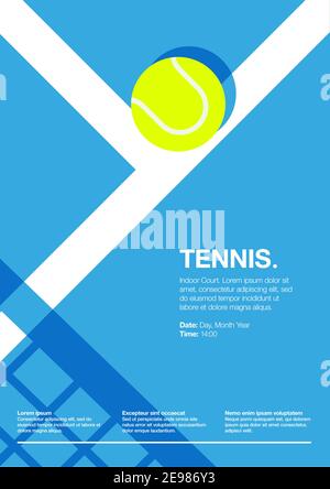 Affiche de portrait de tournoi et de championnat de tennis Open. Cour intérieure, bleue, intérieure. Balle sur la ligne. Plat, gros plan. Style rétro simple - vectoriel Illustration de Vecteur