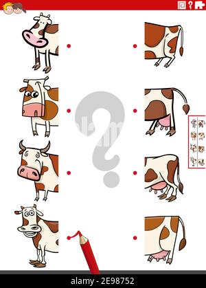 Illustration de dessin animé d'un jeu éducatif de moitiés de photos correspondantes avec les personnages animaux de ferme de vaches drôles Illustration de Vecteur