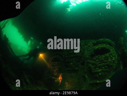 Un plongeur illumine les chaudières du bateau en bloc Tabarka à Burra Sound, Orkney, Écosse. Banque D'Images