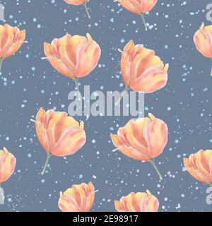 Motif tulipe sans couture sur fond gris. Tulipes roses et éclaboussures d'aquarelle. Banque D'Images