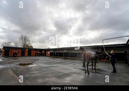 Une vue générale du coureur est arrosée après avoir fait une course à l'hippodrome de Warwick. Date de la photo: Mercredi 3 février 2021. Banque D'Images