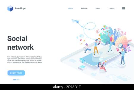 Illustration de vecteur isométrique de réseau social. Caricature 3d de minuscules personnes tenant un smartphone ou une tablette, réseautage, lecture de nouvelles Web en ligne, communication dans les médias sociaux à côté de la page d'accueil du grand téléphone Illustration de Vecteur