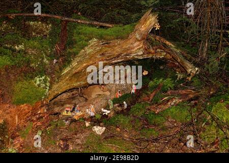 Berceau de Noël dans un environnement naturel dans les bois quelque part en Europe. Banque D'Images