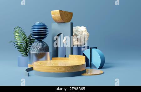 Façonnez et formez une plate-forme de studio à fond texturé avec des textures de bois et des matériaux mélangés. Illustration de rendu 3D. Banque D'Images