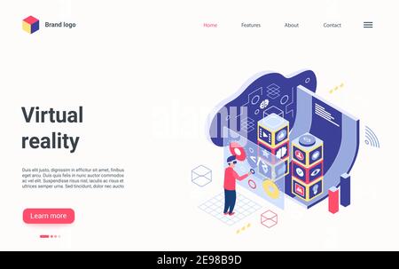 Illustration du vecteur isométrique de réalité augmentée virtuelle. Personnage de développeur 3d de dessin animé avec lunettes techniques touchant l'interface vr futuriste pour l'éducation ou le travail, page d'accueil de la technologie future Illustration de Vecteur
