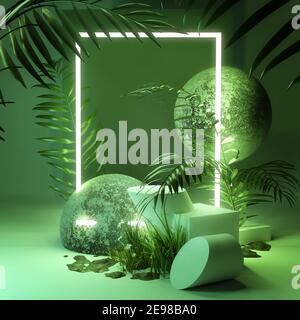 Scène de studio de fond vert naturel et frais bio avec lumières et plantes Neon. Rendu de l'illustration 3D. Banque D'Images