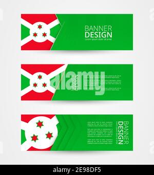 Ensemble de trois bannières horizontales avec drapeau du Burundi. Modèle de conception de bannière Web en couleur du drapeau du Burundi. Illustration vectorielle. Illustration de Vecteur