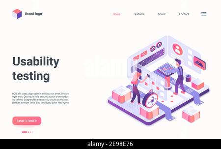 Utilisation application mobile test illustration vectorielle isométrique. Développement de sites Web en 3d de cartoon, processus de test d'application d'interface, développeurs ou utilisateurs travaillant sur la page d'accueil de l'analyse de tableau de bord numérique Illustration de Vecteur