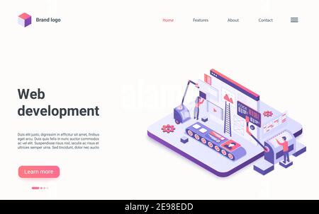Illustration vectorielle isométrique de la technologie de développement Web. Cartoon 3d développeur coder équipe de personnes travaillant sur le code, la création de l'interface avec le dispositif créatif, site Web construction page d'arrivée Illustration de Vecteur