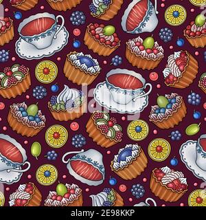 Thé amusant, desserts et bonbons aux baies sans coutures. Illustration de Vecteur