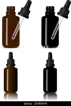 Flacons pour produits médicaux, liquides, huiles, sérum et essence. Lot de bouteilles cosmétiques en verre ambré et noir. Vecteur eps10 de haute qualité Illustration de Vecteur