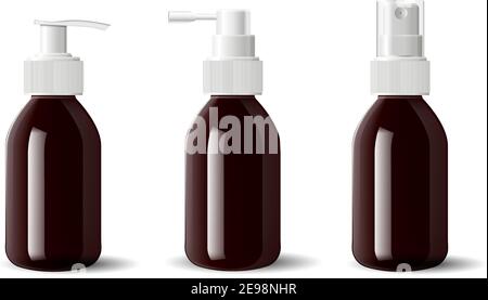 Récipients d'aérosol médical en verre ambré, distributeur de pompe pour cosmétiques hydratants liquides. Flacons pharmaceutiques bruns avec bouchons de pulvérisation pour distributeur. 3s réf Illustration de Vecteur
