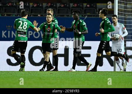 Cocle Dino Hotic célèbre après avoir obtenu le score de 0-1 Une pénalité lors d'un match de football entre OH Leuven (1A première division) et cercle Brugge Banque D'Images