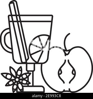 Verre de cidre chaud et ingrédients comme la cannelle, la pomme, l'orange et l'anis étoilé icône de la ligne vectorielle pour la Journée du cidre chaud le 30 septembre. Illustration de Vecteur