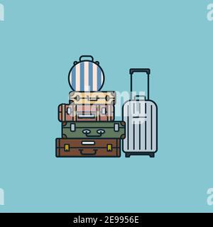 Une pile de valises avec une boîte à chapeau et une illustration vectorielle de valise à bagages à roulettes pour la Journée mondiale du tourisme du 27 septembre. Symbole de voyage global. Illustration de Vecteur