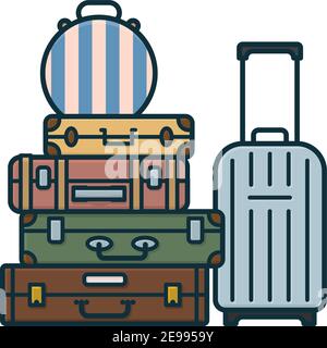 Pile de valises avec une boîte à chapeau et une valise à bagages à roulettes illustration vectorielle isolée pour la Journée mondiale du tourisme le 27 septembre. Symbole de voyage global. Illustration de Vecteur