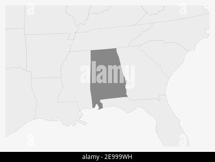 Carte des États-Unis avec carte de l'Alabama en surbrillance, carte grise de l'État américain de l'Alabama avec les pays voisins Illustration de Vecteur
