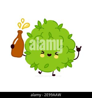 Mignon drôle marijuana herbe bouton caractère boire alcool. Icône d'illustration de personnage de dessin animé kawaii à lignes planes vectorielles. Isolé sur fond blanc. Concept de planche mascotte de personnage de visage de mauvaises herbes Illustration de Vecteur