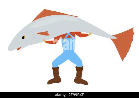 Homme debout et tenant d'énormes poissons gris. Illustration vectorielle de la bande dessinée Fisher isolée sur fond blanc. Illustration de Vecteur