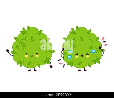 Adorable drôle et triste personnage de bourgeon d'herbe de marijuana. Icône d'illustration de personnage de dessin animé kawaii à lignes planes vectorielles. Isolé sur fond blanc. Concept de mascotte de personnage de visage de mauvaises herbes Illustration de Vecteur