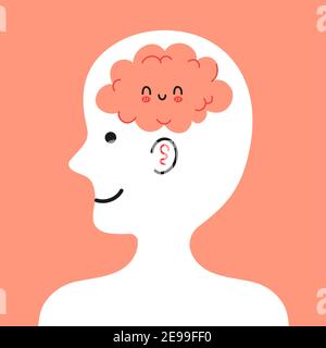 Jolie tête humaine avec un cerveau heureux à l'intérieur. Concept de bonne humeur, de condition mentale, émotionnelle. Icône d'illustration de personnage de dessin animé vectoriel Illustration de Vecteur