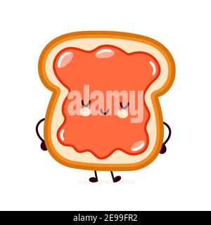 Joli pain grillé amusant avec confiture. Icône d'illustration de personnage de dessin animé kawaii à lignes planes vectorielles. Isolé sur fond blanc. Toast avec personnage de visage mascotte concept Illustration de Vecteur